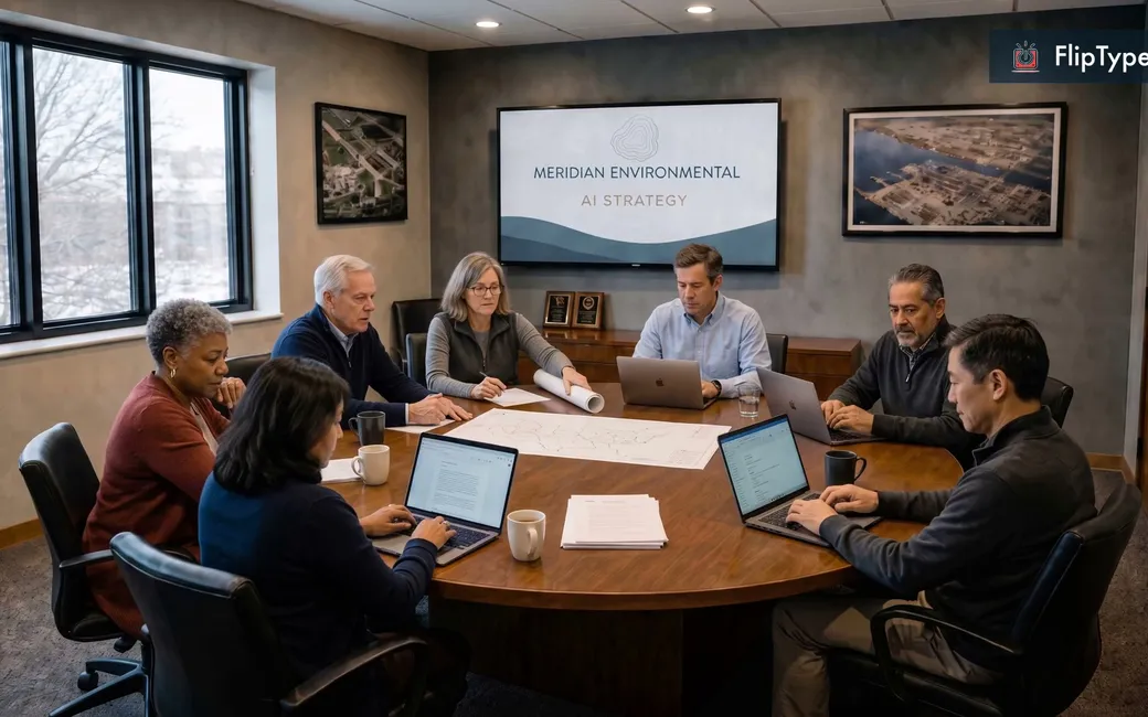 A leadership team around a boardroom table with laptops and a site plan, an AI strategy slide on the wall screen