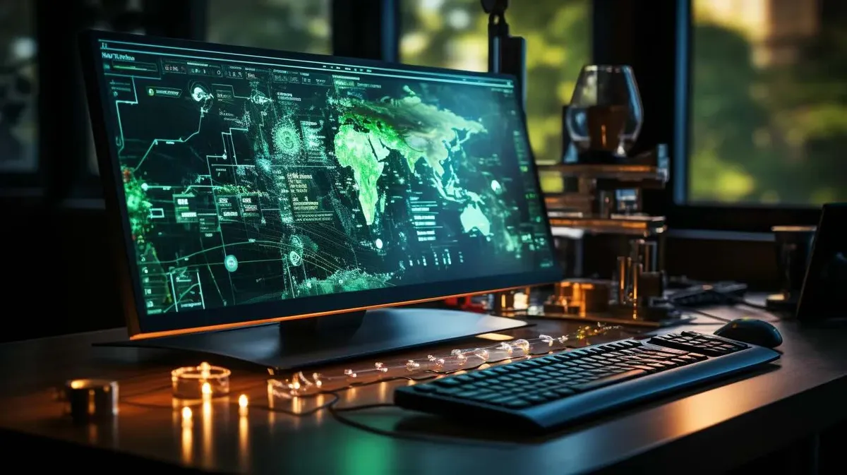 Monitor displaying a world map with data overlays