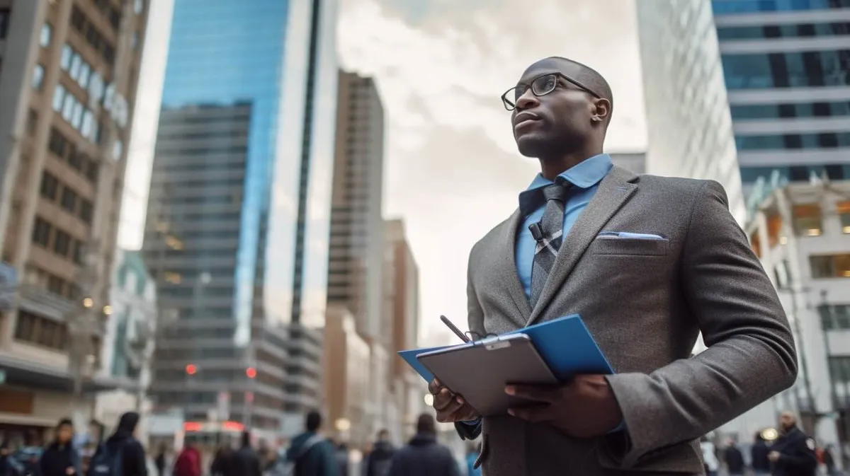 Environmental professional with a clipboard on a city street